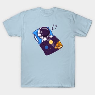 Cute Astronaut Sleeping With Space Blanket Cartoon T-Shirt